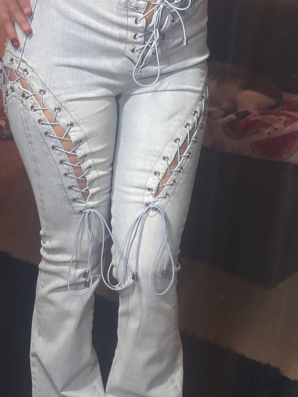 Light Wash Lace-Up Flared Jeans